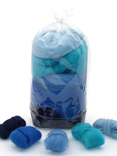 Filzwolle/ Bunt, gemischter Merinokammzug in Blautönen 100 g