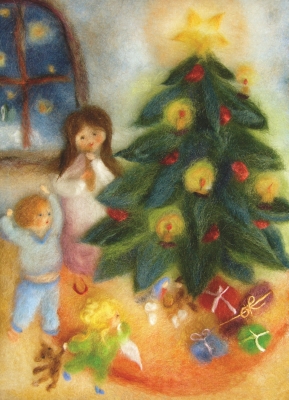 Kunstkarte * Weihnachtsabend Wollbild
