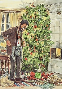 Postkarte Petterson und Findus mit Weihnachtsbaum