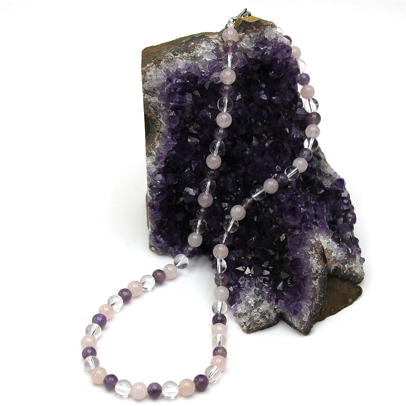 Edelsteinkette Amethyst-Rosenquarz-Bergkristall-Mix 