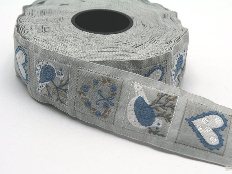 Schmuckwebband Vögel und Herzen blau