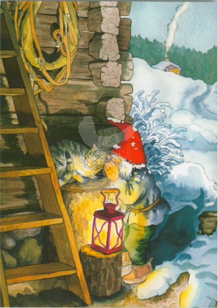 Postkarte * Zwerg schmust mit Katze Postkarte * Zwerg schmust mit Katze