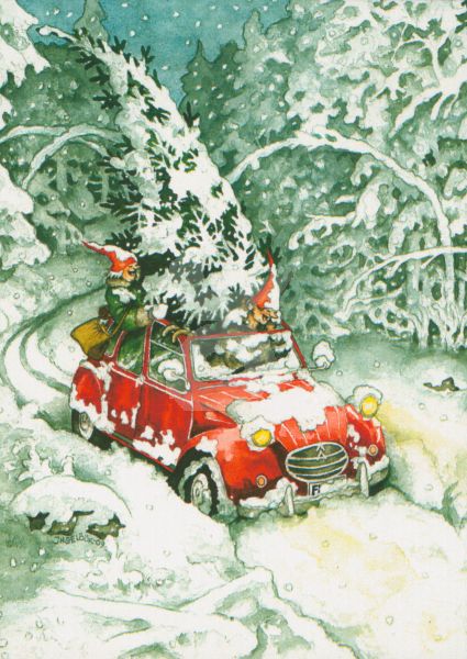 Postkarten Frauen Weihnachtsbaum im Auto