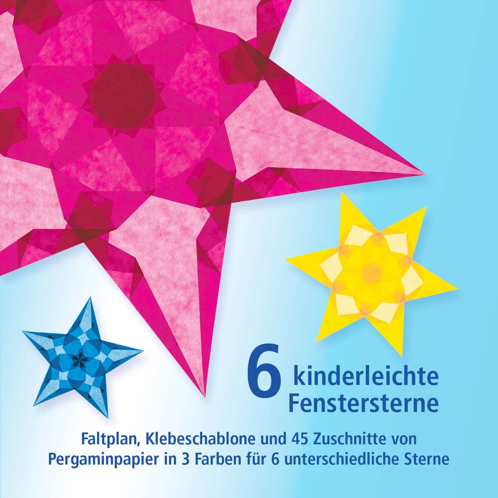 6 kinderleichte Fenstersterne Set blau, hellgelb, magenta